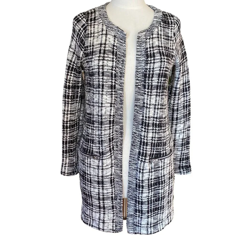Susina Textured Plaid Open Cardigan Black White Zip Pockets Long Minimalist-M